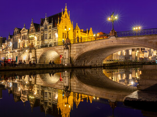 St. Michael's bridge in medieval Gent at night, Belgium