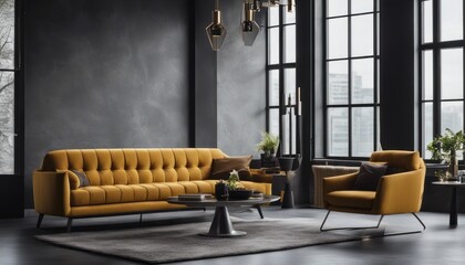 Tufted mustard color sofa near floor to ceiling window against dark concrete wall. Loft home interior