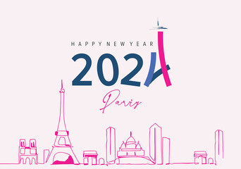 Happy New Year 2024 in Paris. Creative poster design template for banners, advertisements, branding, and social media.