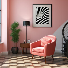 part of a living room interior with a pink armchair by the window, a houseplant, a lamp on the coffee table, an abstract painting on the wall, a cozy room illuminated by sunlight