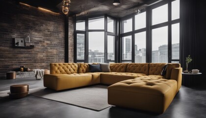 Obraz premium Tufted mustard color sofa near floor to ceiling window against dark concrete wall. Loft home interior