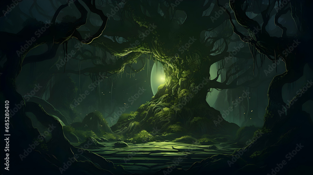 Wall mural the magical tree in the magnificent and mysterious and scary forest,generated ai.