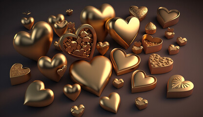 Beautiful golden hearts on dark background.. 3d love concept