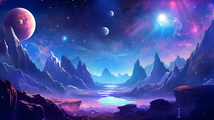 The Magnificent Cosmos Wonders on a Alien Planet. Story with Fantastic Cartoon Style Scene Wallpaper Background Design,Generative Ai.