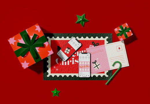 Letter and Envelope with Christmas Decorations Mockup