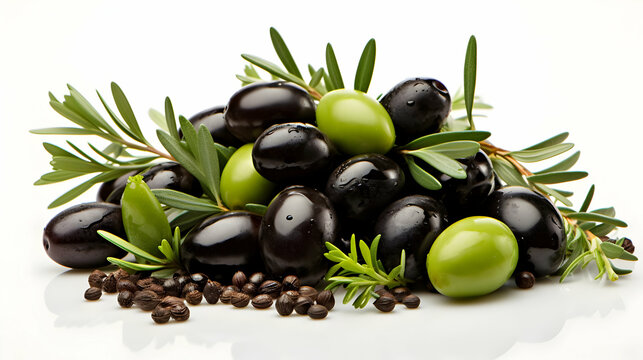 Many Fresh Green and Black Olives on white background, Winter fruit,generated Ai.