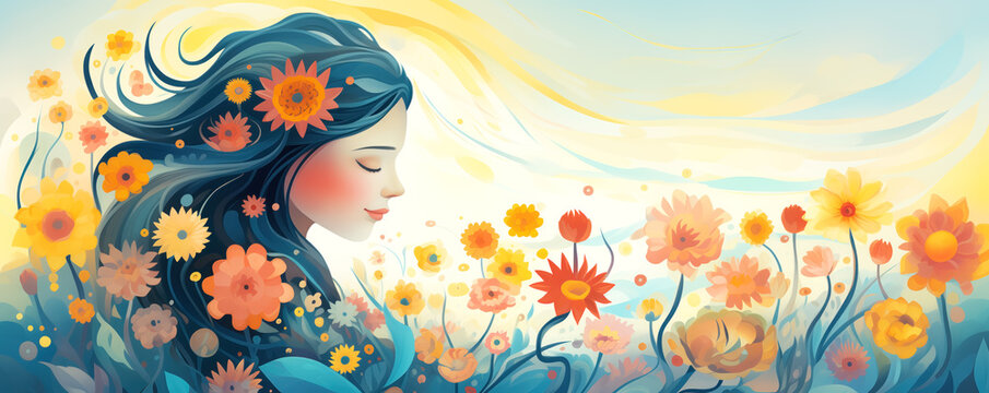 Painting of a floral woman portrait with lots of flowers. Vitality and natural beauty concept
