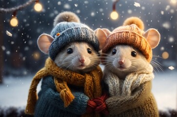 Two cute mices in knitted hats and scarves hugging each other under falling snowflakes. Concept of love, friendship, family, Valentine's day. AI generated