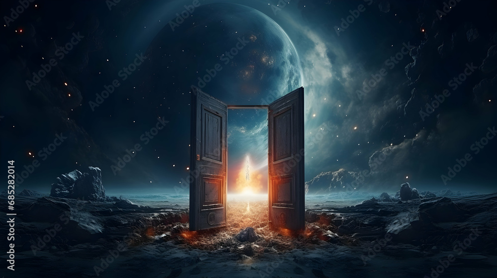 Wall mural opened door on space unknown and start up concept,generated ai