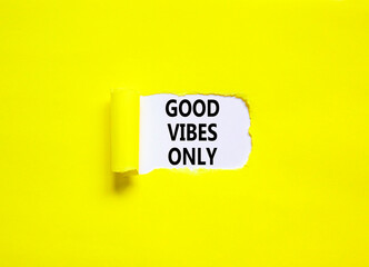 Good vibes only symbol. Concept word Good vibes only on beautiful white paper. Beautiful yellow table yellow background. Business motivational good vibes only concept. Copy space.