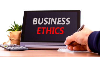 Business ethics symbol. Concept words Business ethics on beautiful black tablet. Beautiful white...