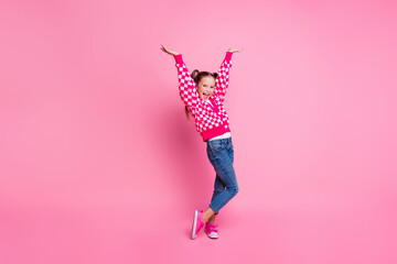 Portrait of overjoyed girl with fluttering ponytails wear print sweater denim pants raisng hands up isolated on pink color background - obrazy, fototapety, plakaty