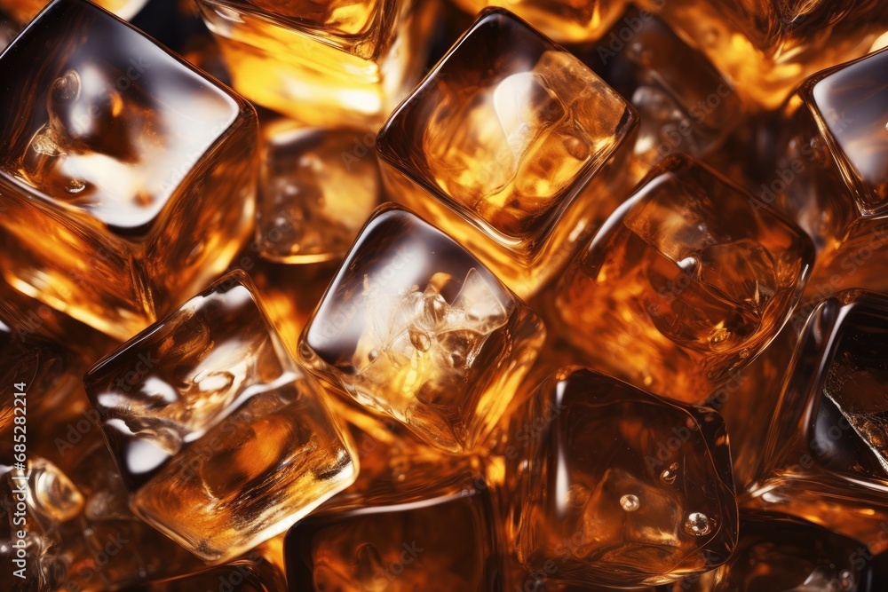 Poster macro close up ice cube in whiskey background. pieces of ice cube in whiskey.