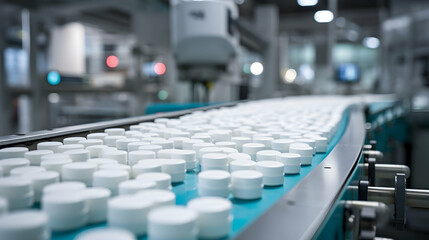 Pharmaceutical Industry's State-of-the-Art Factory with Pills on Conveyor,Generated Ai