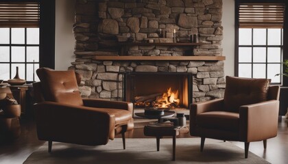 Two recliner chairs in room with stone wall and fireplace. Mid-century, scandinavian home interior design