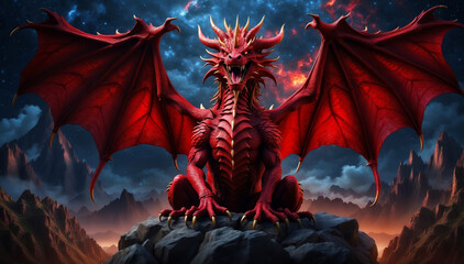 A mighty red dragon on a mountain peak.