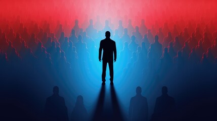leadership concept, a true born leader standing in front of the cheering crowd, red and blue colors. beautiful Generative AI AIG32 - obrazy, fototapety, plakaty