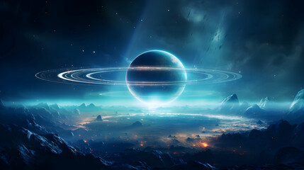 Bright luminous planet with rings on the outer space.,Generative Ai.