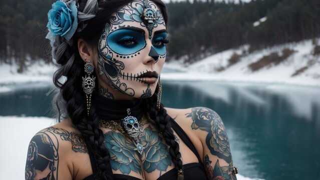 Realistic sugar skull steampunk woman with tattoo sleeves in front of a frozen lake