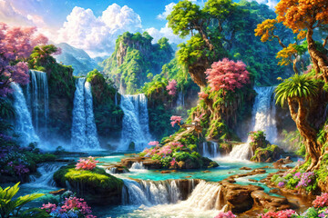 Paradise landscape with beautiful  gardens, waterfalls and flowers, magical idyllic heavenly view with beautiful fantastic flowers in Eden. - obrazy, fototapety, plakaty