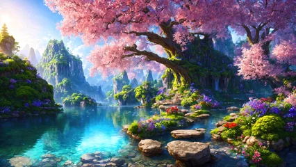 Tuinposter A beautiful paradise land full of flowers,  sakura trees, rivers and waterfalls, a blooming and magical idyllic Eden garden © Cobalt