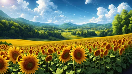 Fotobehang Summer landscape beautiful fields of blooming sunflowers against the background of the summer sky © Cobalt