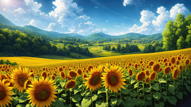 Summer landscape beautiful fields of blooming sunflowers against the background of the summer sky