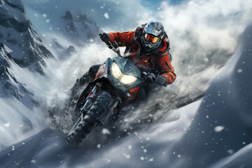 Extreme man on a motocross running away from an avalanche, hyper-realistic image