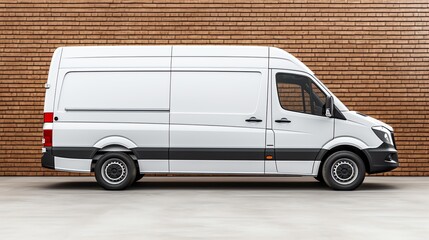 a white van parked in front of a brick wall