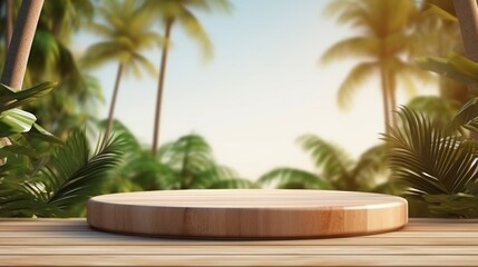 Empty wooden podium on tropical forest background for product presentation. Generative AI