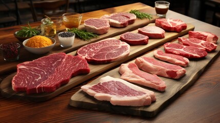 A variety of uncooked meat cuts in table UHD wallpaper