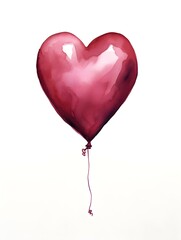 Drawing of a Heart shaped Balloon in burgundy Watercolors on a white Background. Romantic Template with Copy Space