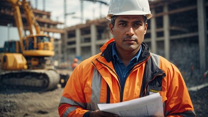 A civil engineer at a construction site wearing a helmet and protective gear inspects a construction site, showing his expertise in building infrastructure.