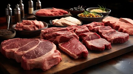 A variety of uncooked meat cuts in table UHD wallpaper