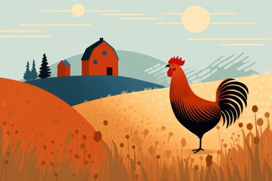 Vintage Children's Storybook Illustration of a Rooster on a Farm