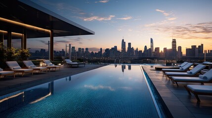 A luxurious infinity pool on the rooftop of a high-rise building