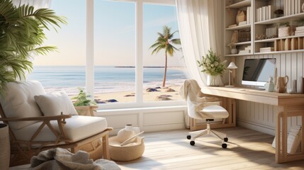 A serene home office in a coastal retreat