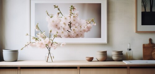Close-up in a Nordic kitchen with a white poster frame, wooden console, metal rings, and delicate flowers