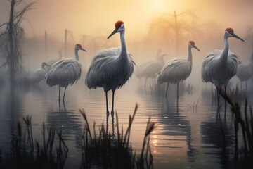 A group of birds standing on top of a body of water. This image can be used to depict wildlife, nature, or peacefulness - Powered by Adobe
