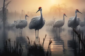 Zelfklevend Fotobehang A group of birds standing on top of a body of water. This image can be used to depict wildlife, nature, or peacefulness © Ева Поликарпова