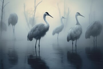 Naklejka premium A group of birds standing on top of a peaceful lake. This image can be used to depict nature, wildlife, tranquility, or birdwatching