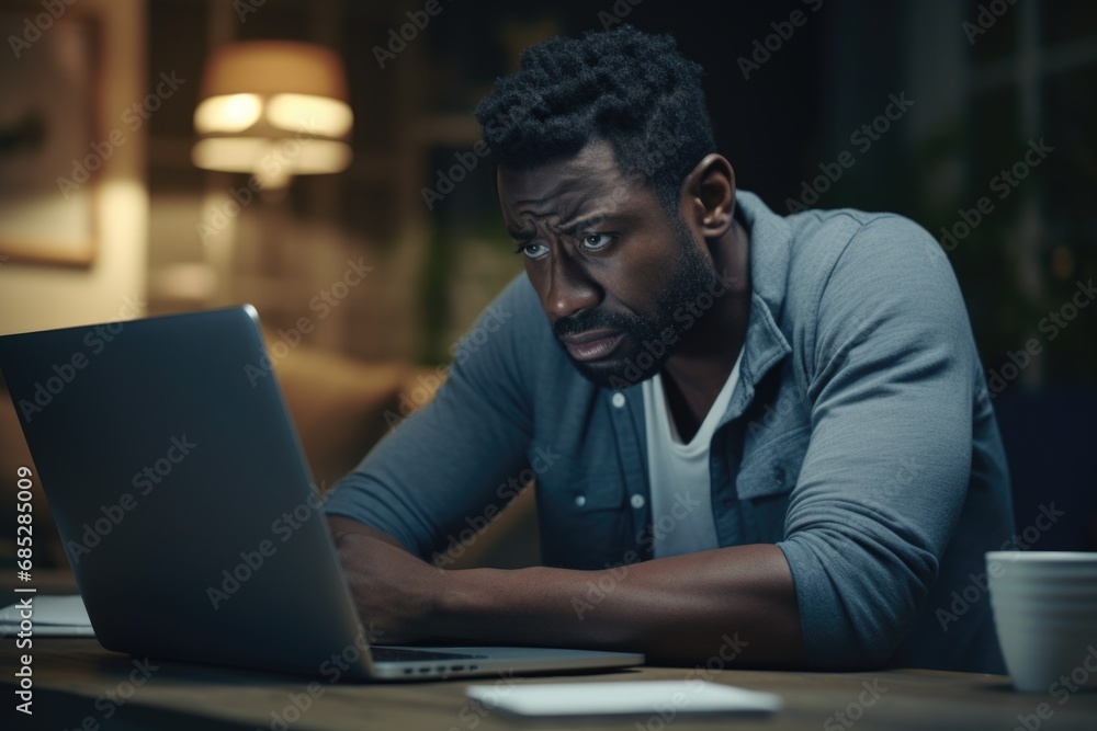 Poster a man is seated in front of a laptop computer, focused on his work. this image can be used to illust