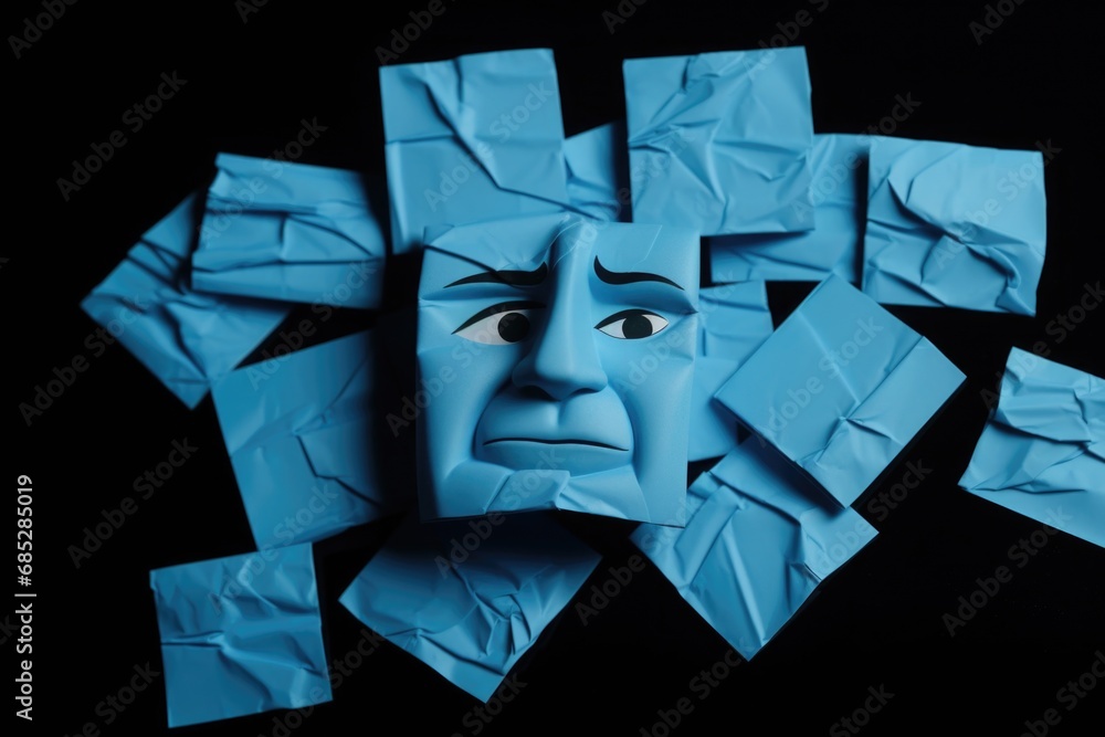 Poster a unique artwork created using various shades of blue paper to form a face. this visually appealing 