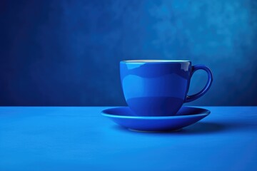 A blue cup and saucer placed on a blue table. Suitable for various uses