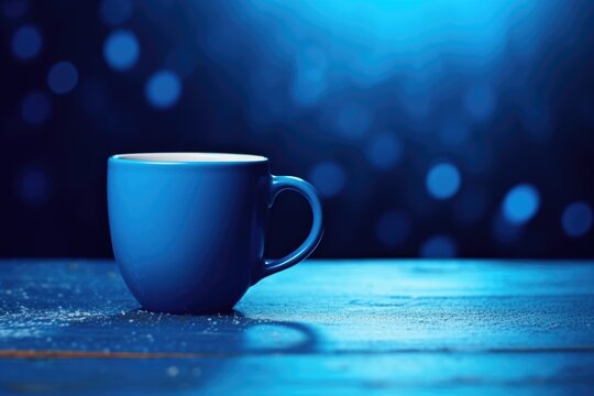 A blue coffee cup sitting on top of a wooden table. This versatile image can be used for various themes such as morning routine, coffee break, cozy atmosphere, and more