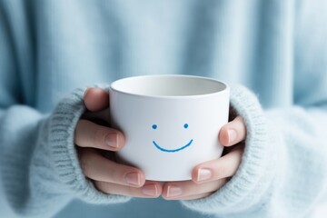 A person is holding a cup with a smiley face drawn on it. This image can be used to portray happiness, positivity, and enjoying a hot beverage