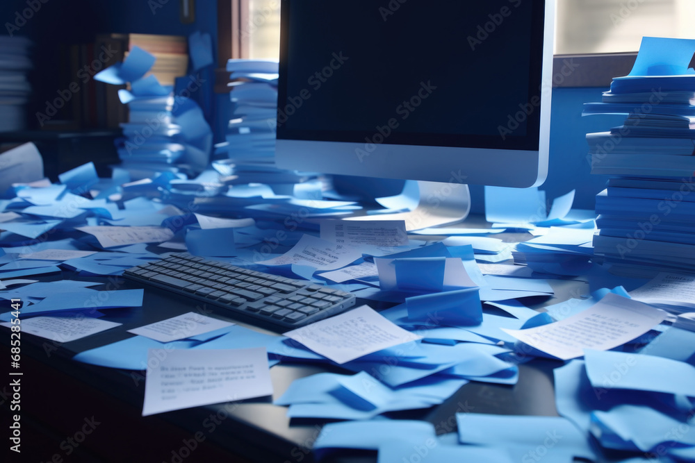 Poster a desk covered with blue sticky notes and a computer monitor.