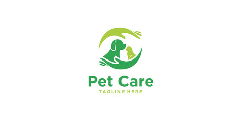 Pet care logo with Symbols of dog, cat and hands circled around dog and cat - obrazy, fototapety, plakaty