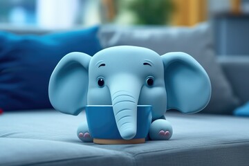 A toy elephant sitting on top of a couch. This image can be used to depict playfulness or childhood memories - obrazy, fototapety, plakaty