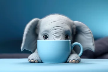 Poster A cute baby elephant sitting inside a blue cup. This adorable image can be used to depict the innocence and playfulness of childhood. Perfect for baby-related projects or animal-themed designs © Ева Поликарпова